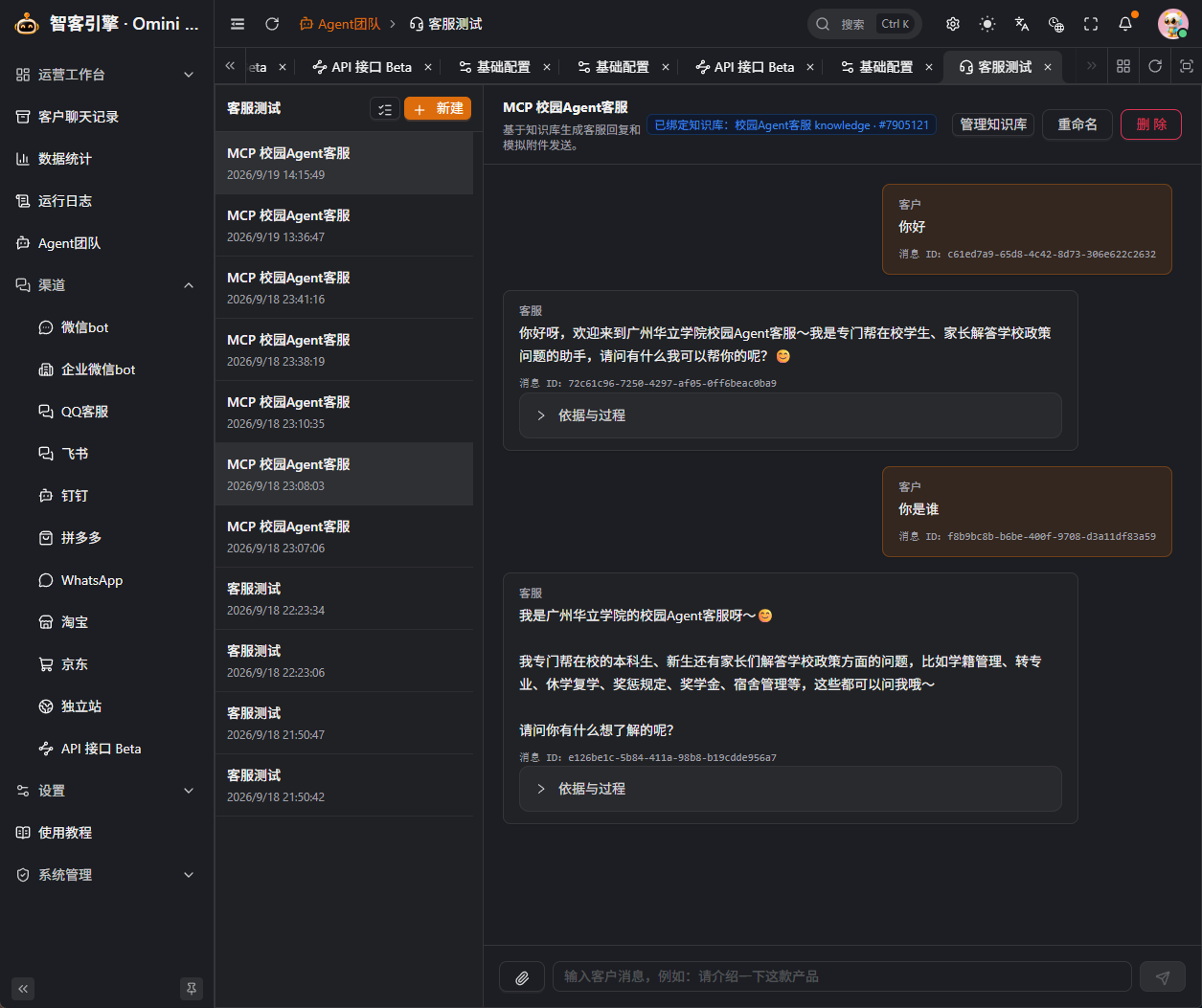 Omini Agent 多轮客服测试界面